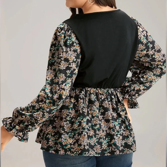 BloomChic Ditsy Floral Patchwork Elastic Waist Blouse Black / 22-24 / 3X - Picture 2 of 14